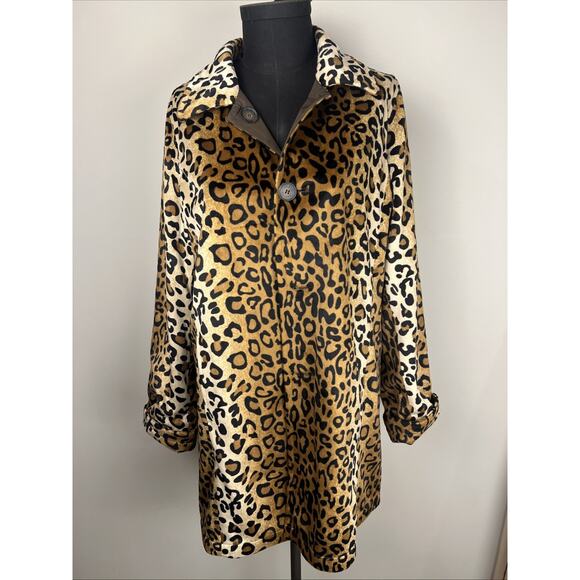 Dennis Basso Rain Jacket Brown S Leopard Print Reversible Large Women’s Coat - Picture 1 of 13
